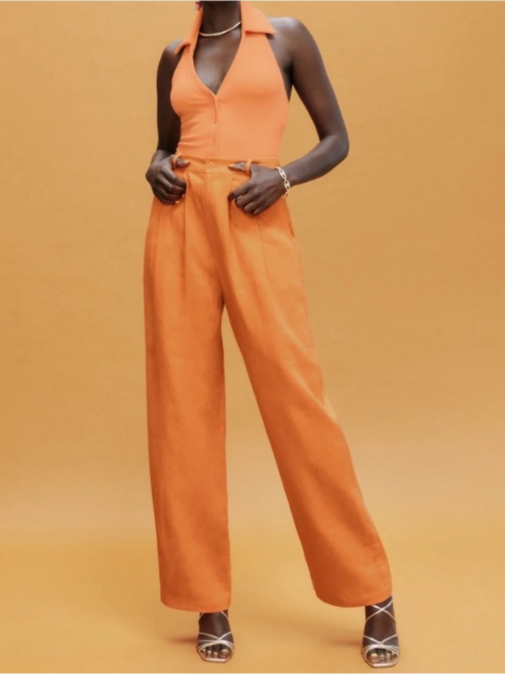 Reformation Vesta Wide Leg 100% Linen Citrus Orange Size 2
